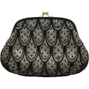 Accessory Lady Beaded Evening Bag Gold Black Peacock Frame Clutch‎ Vintage